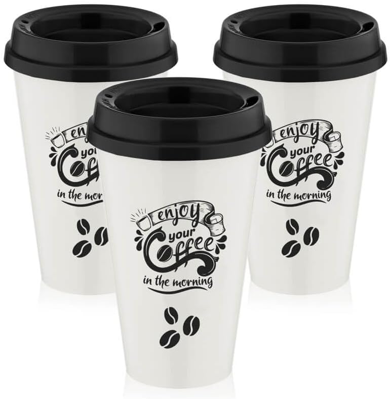 Enjoy Your Coffee Baskılı Kapaklı Plastik Bardak, 3'lü Set Kahve Bardağı