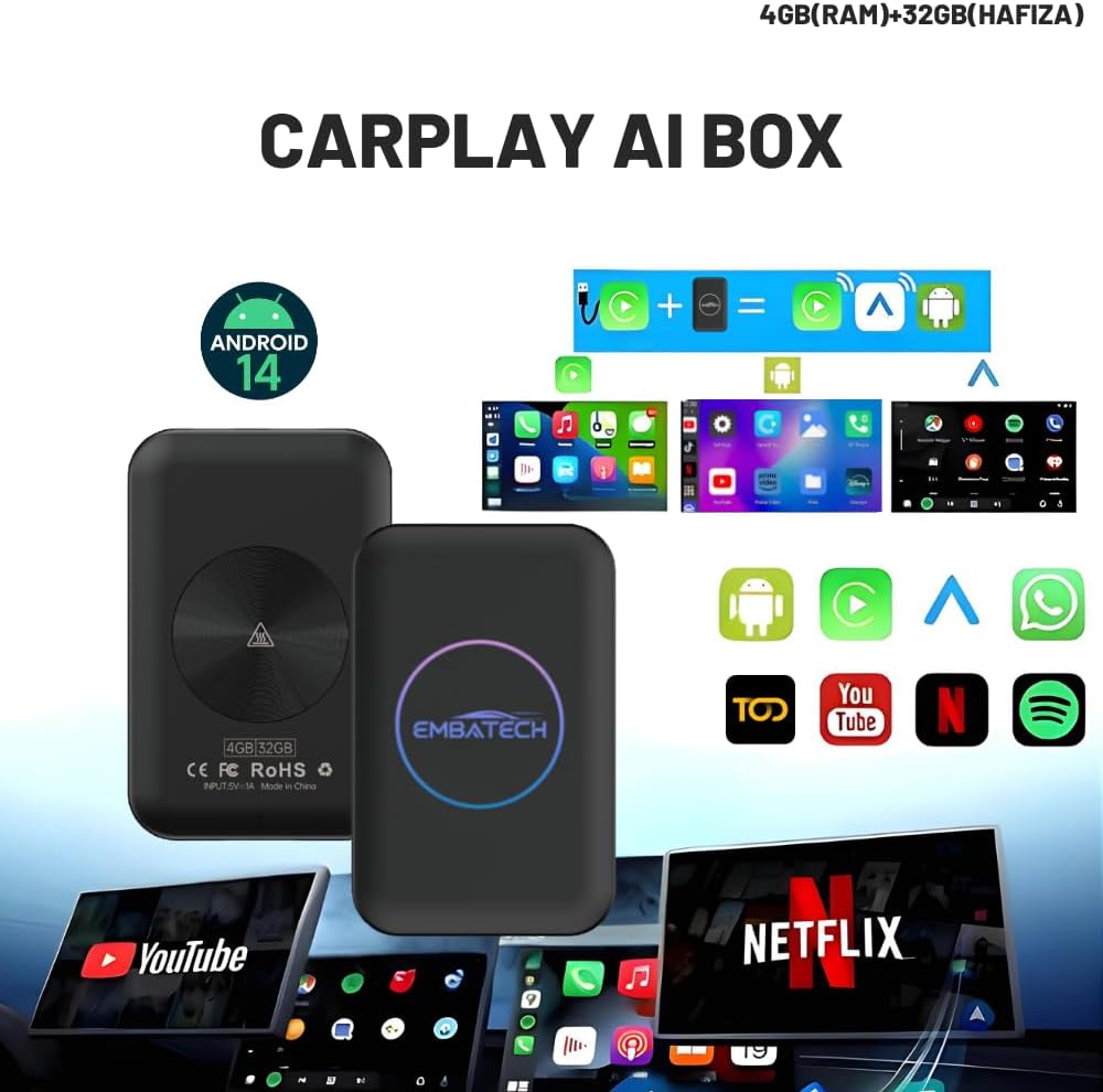 Carplay Ai Box 4GB+32GB Youtube,netflix,google Play & Kablosuz Carplay&android Auto- Android 14