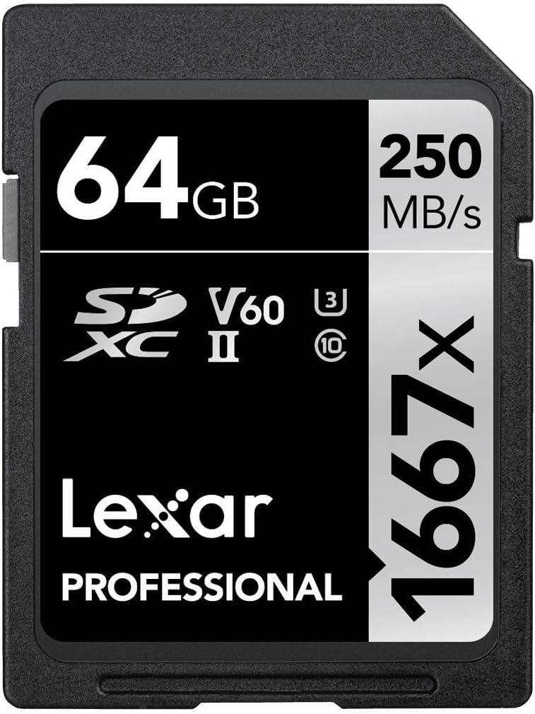 Professional 1667x SD Kart 64 GB, SDXC UHS-II Bellek Kartı, 250 MB/s'ye kadar Okuma, 120 MB/s'ye kadar Yazma, Sınıf 10, U3, V60, SD için Profesyonel Fotoğrafçı, Videografer (LSD64GCB1667)