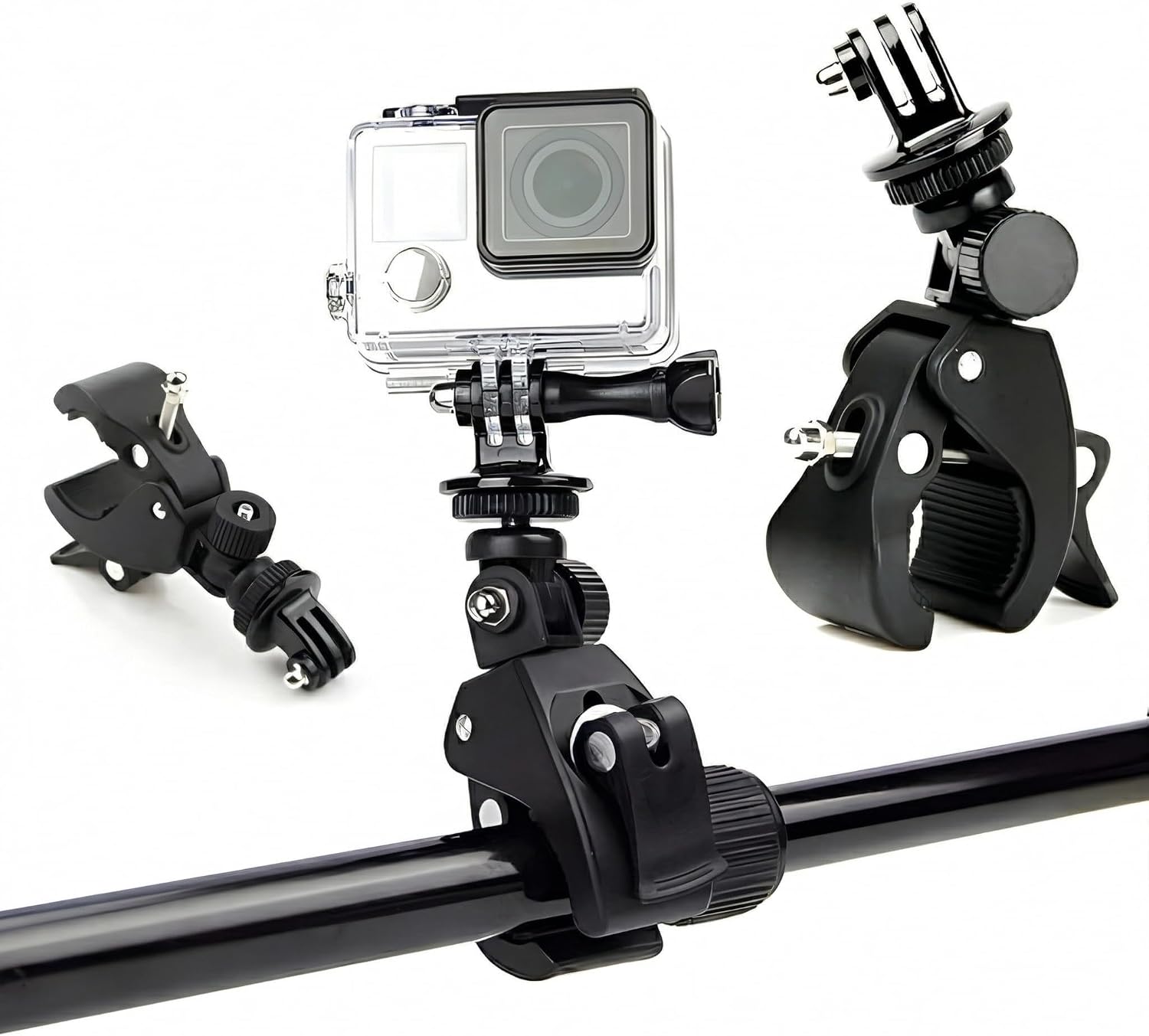 Evrensel Alüminyum Alaşımlı Aksiyon Kamerası Montaj Kelepçesi, 360° Döner, Motosiklet ve Bisiklet – GoPro HERO 11/10/9/8/7/6/5, Insta360, AKASO, Dji Osmo Action, Pocket ile Uyumlu, Siyah