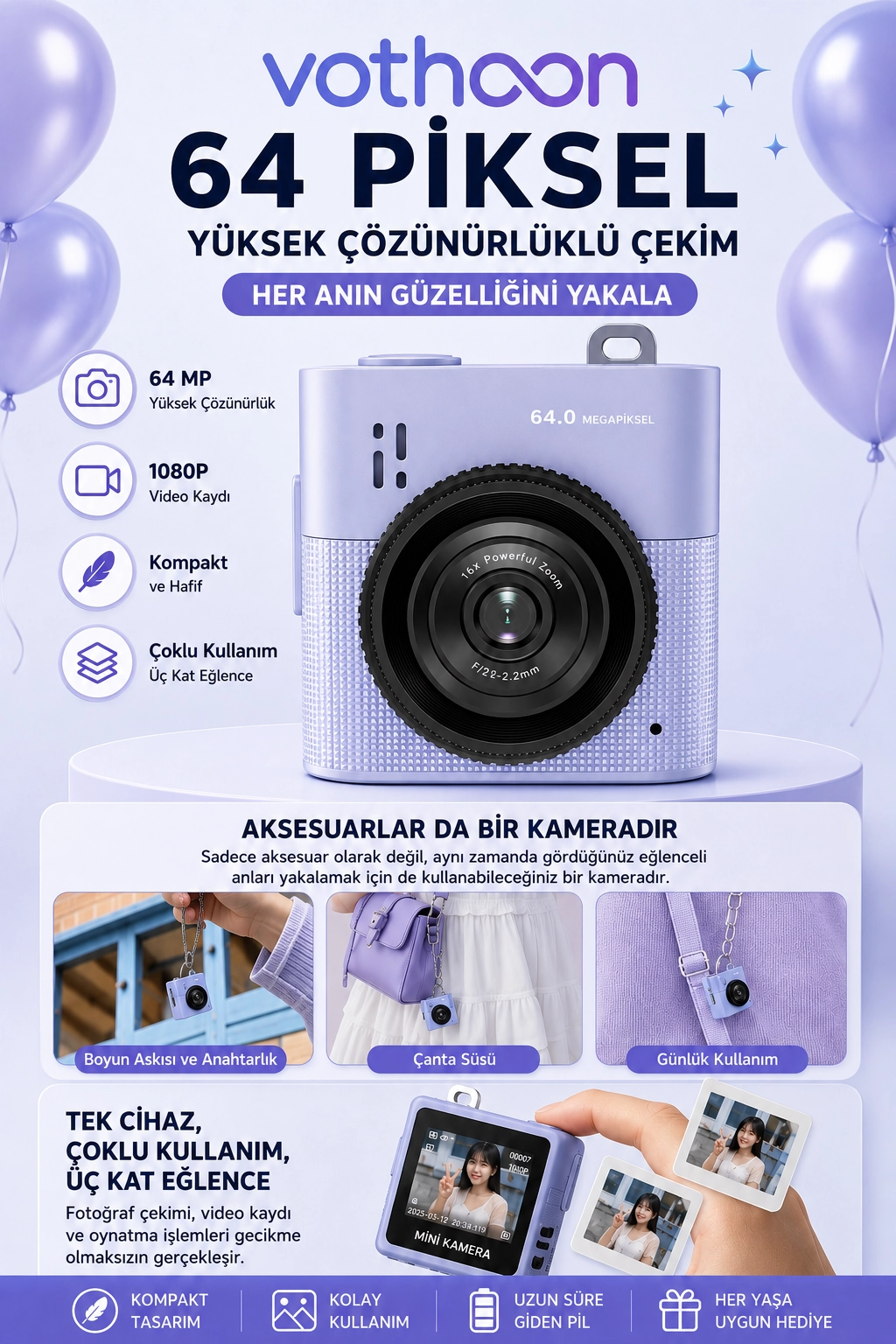 Mini Dijital Kamera 64MP 16x Digital Zoom Retro Vintage 1.4’’Ekranlı Video Kamera Taşınabilir Tasarım Mavi