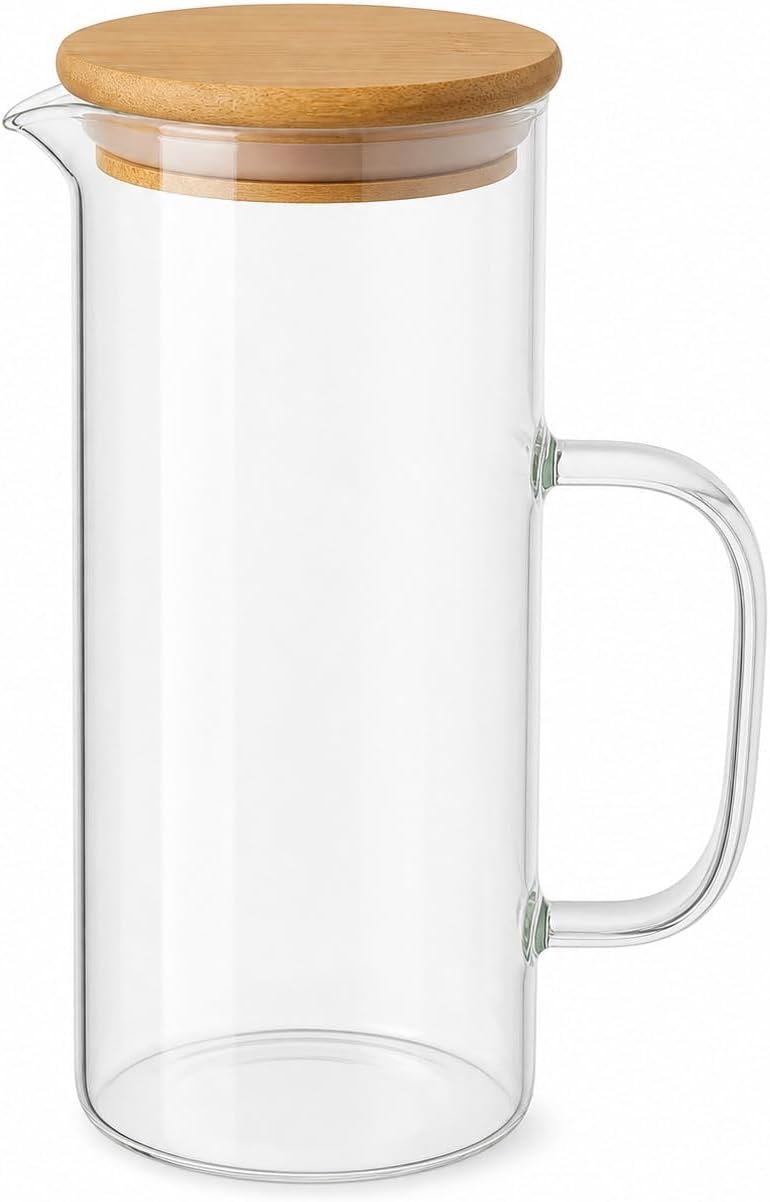 Cam Sürahi 1,5 Litre Bambu Kapaklı, Borosilikat Cam Sürahi, Limonata Sürahisi, Soğuk Çay ve Meyve Suyu Sürahisi, Şeffaf Cam İçecek Sürahisi, Damlatmaz Ağız Tasarımı, Ergonomik Kulplu