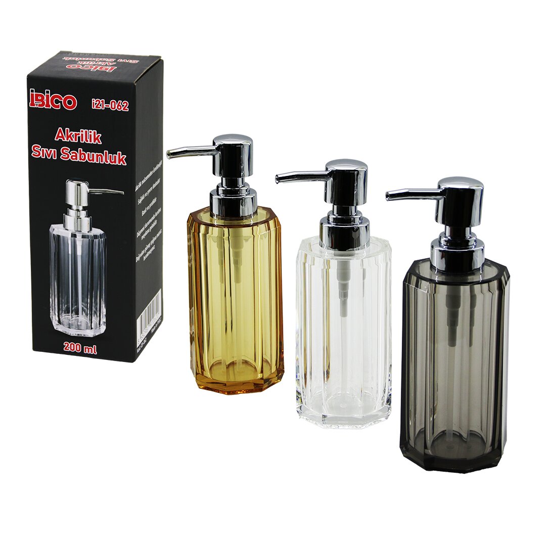 UZUN SEKİZGEN ŞEFFAF - RENKLİ AKRİLİK - MİKA KRİSTAL SIVI SABUNLUK 200ML
