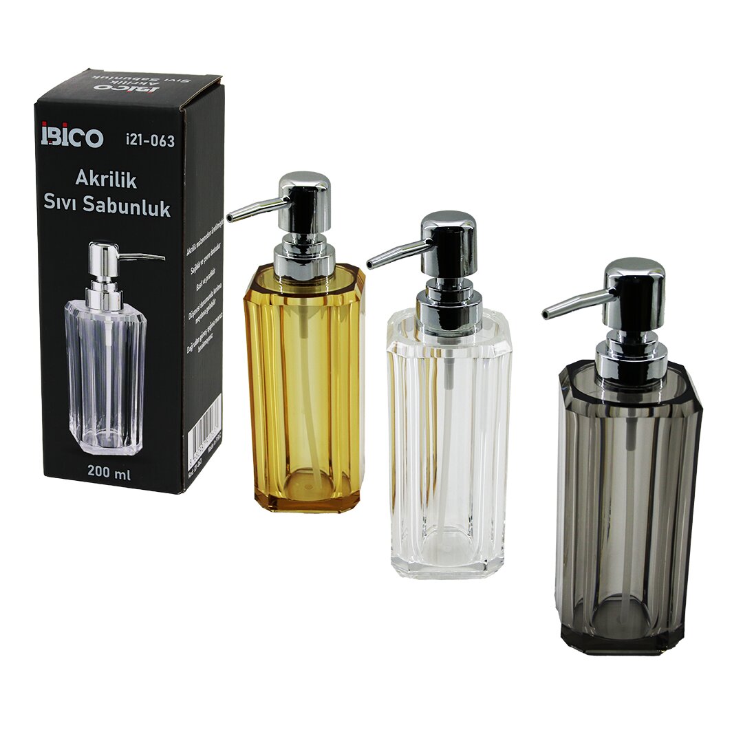 UZUN KARE TABAN -SEKİZGEN GÖVDE ŞEFFAF - RENKLİ AKRİLİK - MİKA KRİSTAL SIVI SABUNLUK 200ML