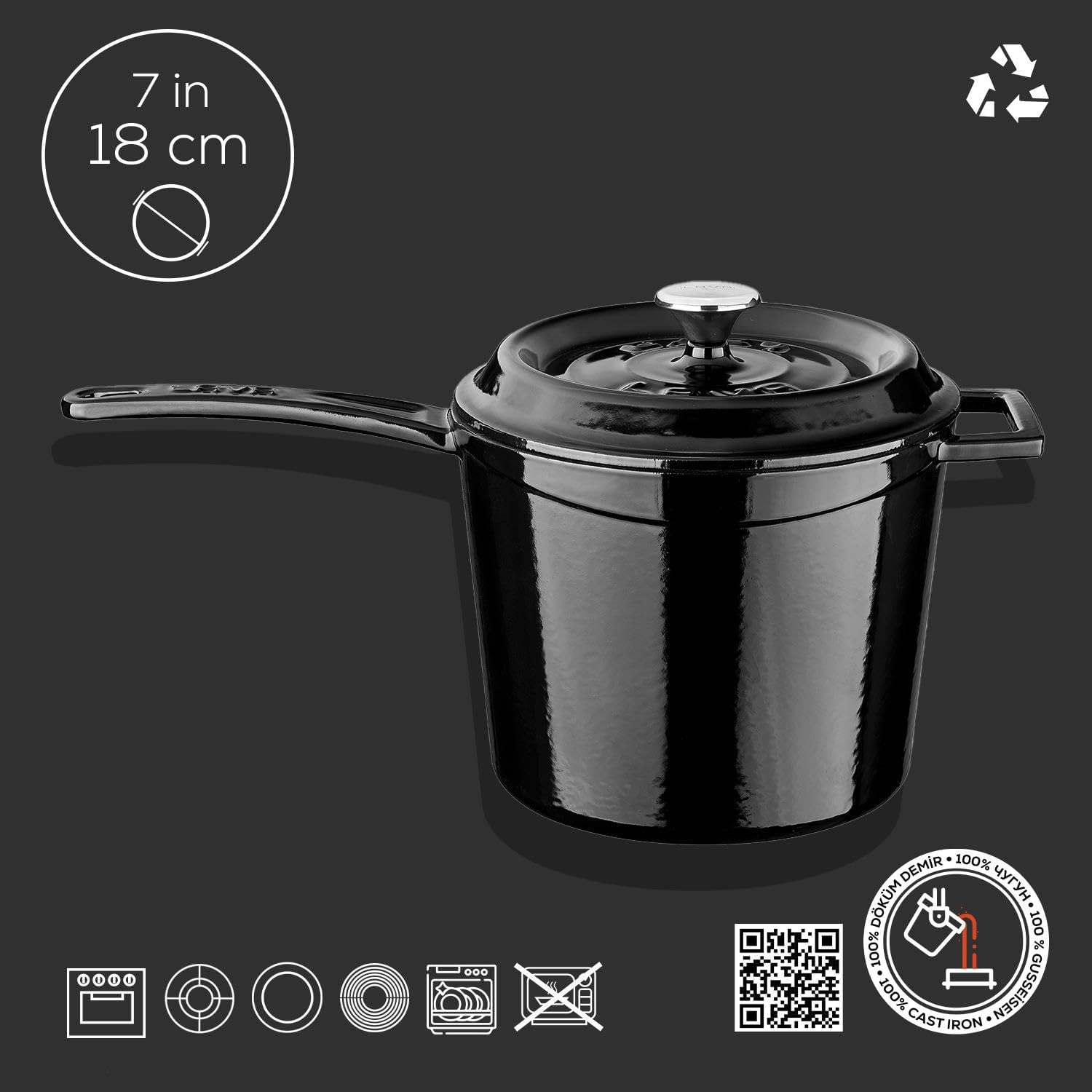 Döküm Yuvarlak Sos Tenceresi, Döküm Demir Yekpare Saplı Trendy Serisi Çap 18 cm, Siyah