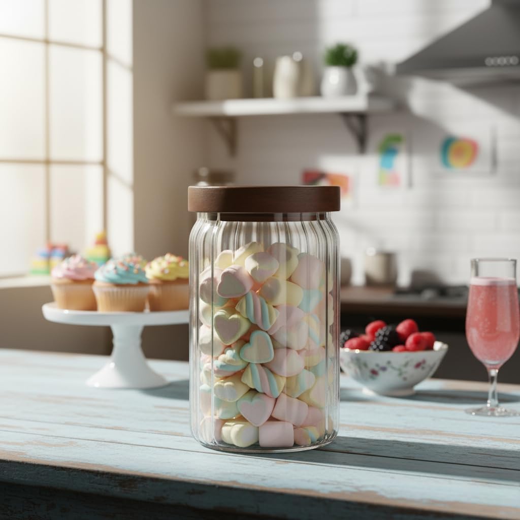 Akasya Kapaklı Çizgili Cam Kavanoz (750 ml) | Hava Geçirmez, Modern Fitilli Tasarım Gıda Saklama Kabı | Bakliyat, Kahve, Çay ve Kuruyemiş Kavanozu (9x15 cm)