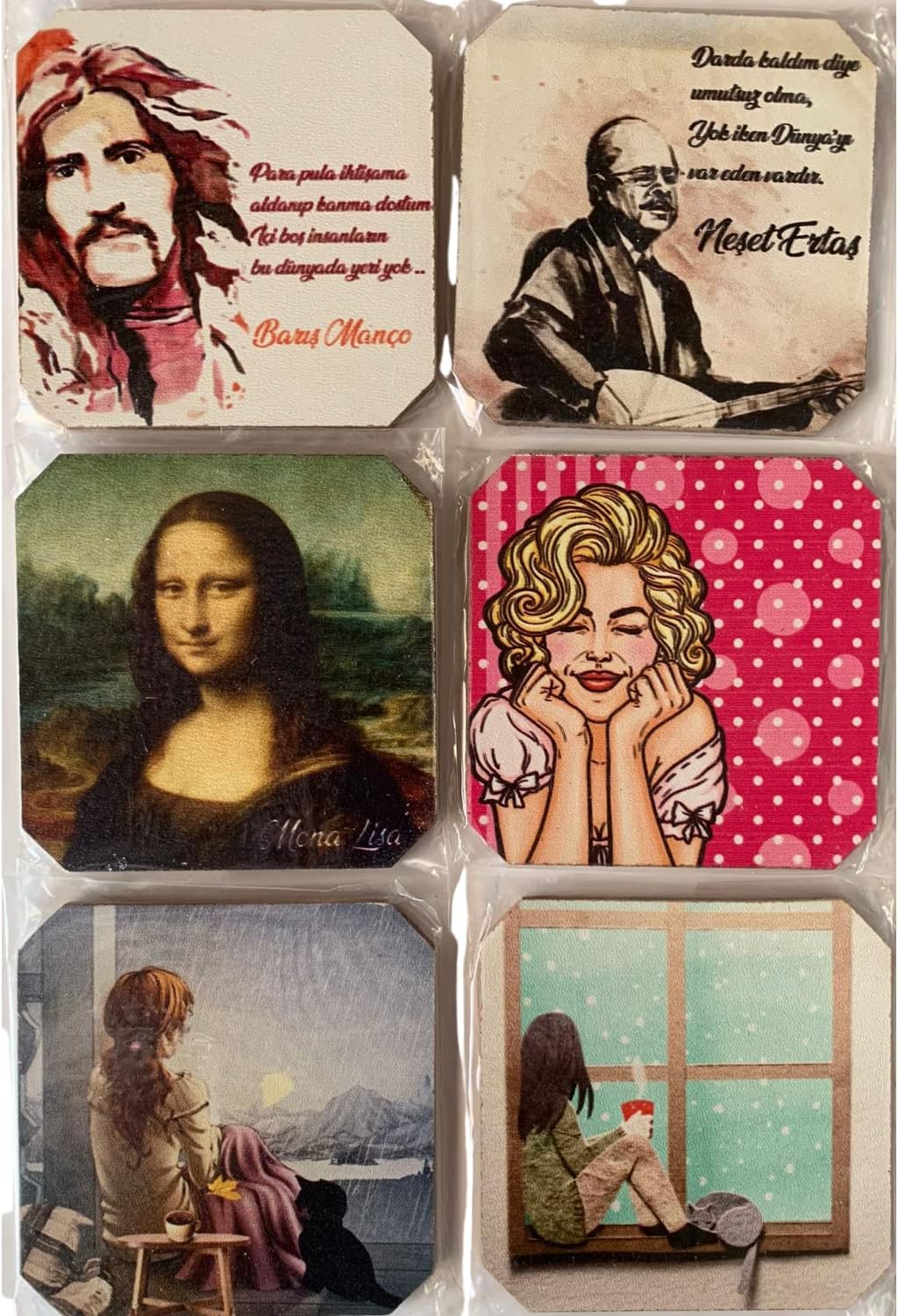 Bardak Altlığı 6'lı Şans Butiği Ahşap Baskılı Doğa, Ünlüler, Sanat Eserleri, Mandala, İlham Verici Görsel & İçerikler Asorti Easyso4134