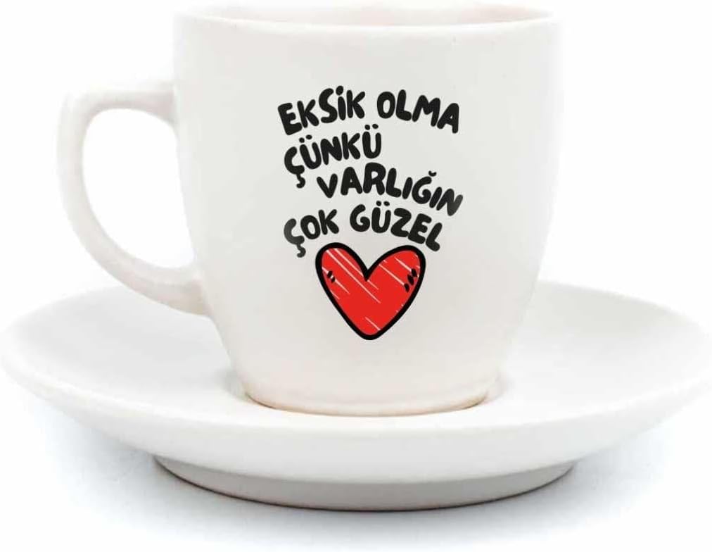 Eksik Olma Çünkü Varlığın Çok Güzel Krem Türk Kahvesi Fincanı - Hediye Seramik Türk Kahvesi Fincanı