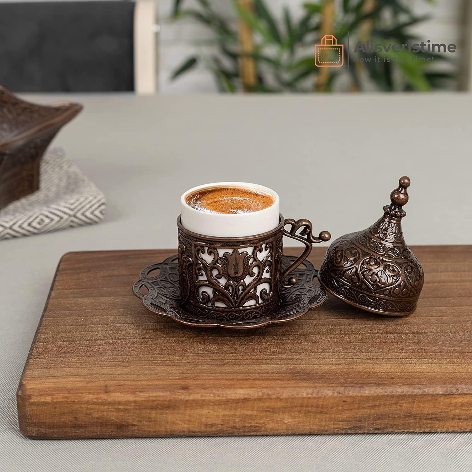 (1 Adet Türk Yunan Arap Kahvesi Espresso Fincanı Tabağı (Lale) (Antik Bakır)