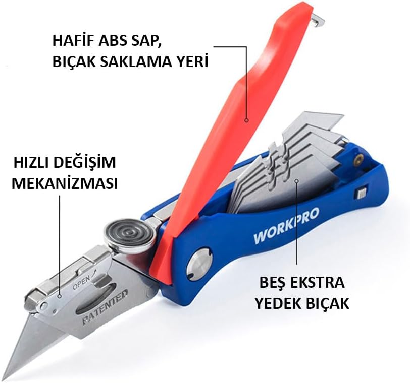 WP211006 Ağır Hizmet Paslanmaz Çelik Gövde Katlanır Rötuş Maket Bıçağı + 6 Adet Yedek Bıçak