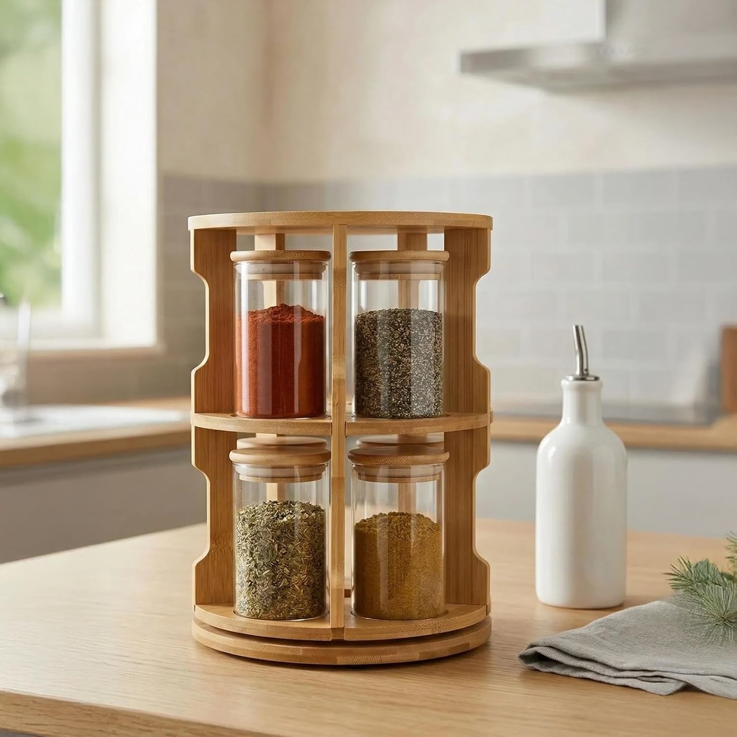 Doğal Bambu 360° Döner Standlı 10'lu Cam Baharatlık Seti - Büyük Boy (250 ml) Ahşap Kapaklı Baharat Takımı