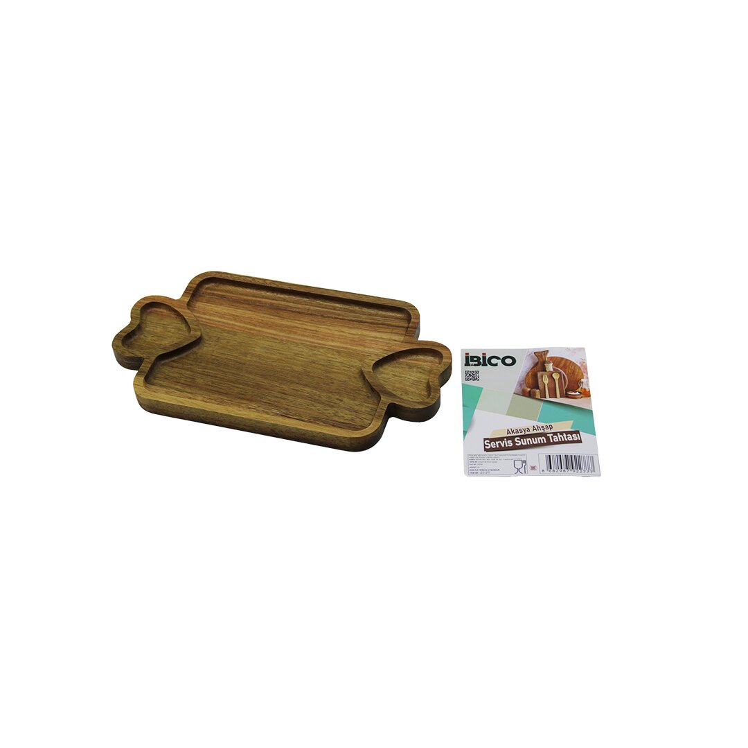 Akasya Dikdörtgen 3 BÖLMELİ=2İN1 Kalp Kulp - Bölme + 1 Ahşap Bambu Servis Sunum Tepsi - Tahtası 25 X 14 X 1.4CM