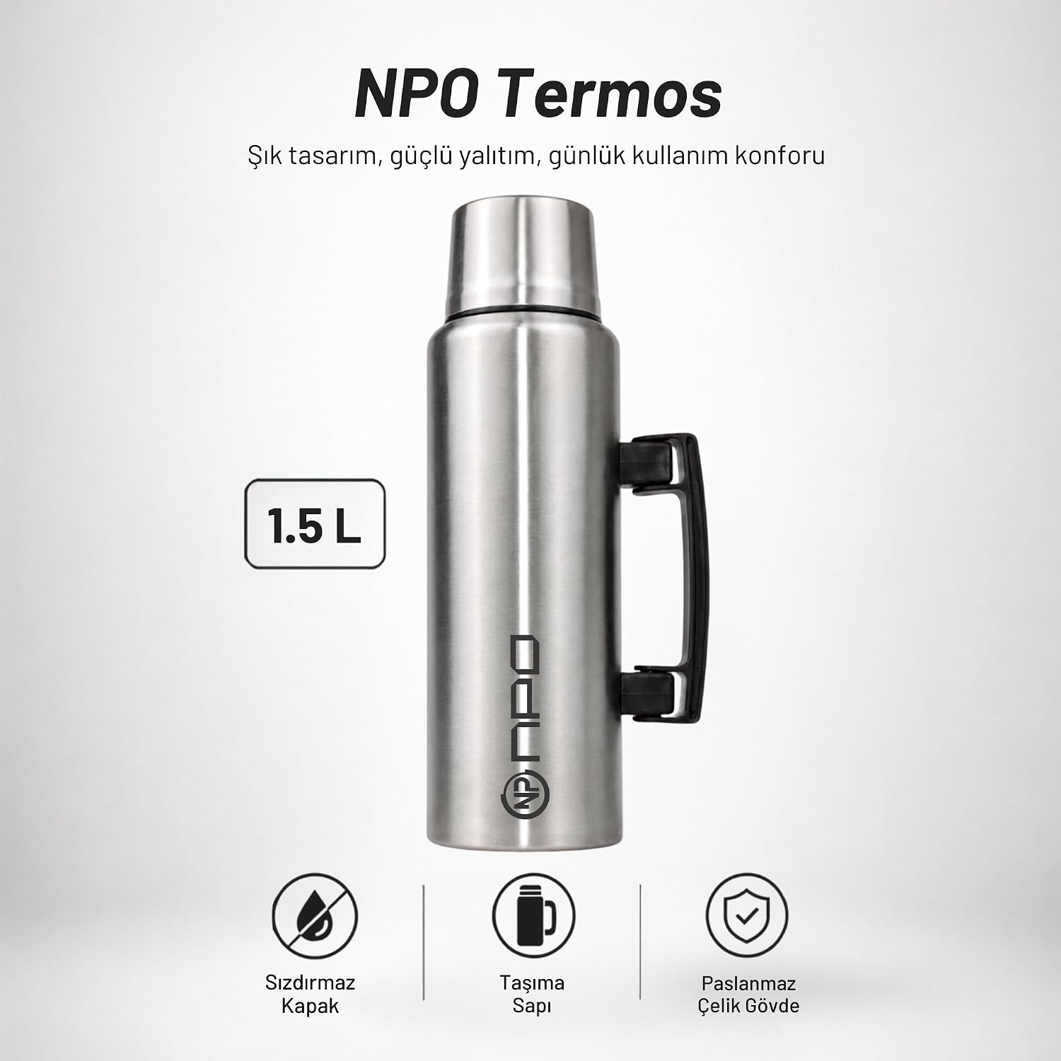 NT01 1.5L Çift Katmanlı Vakum Teknolojili 24H Sıcak 48H Soğuk 72H Buzlu Koruma Çelik Termos