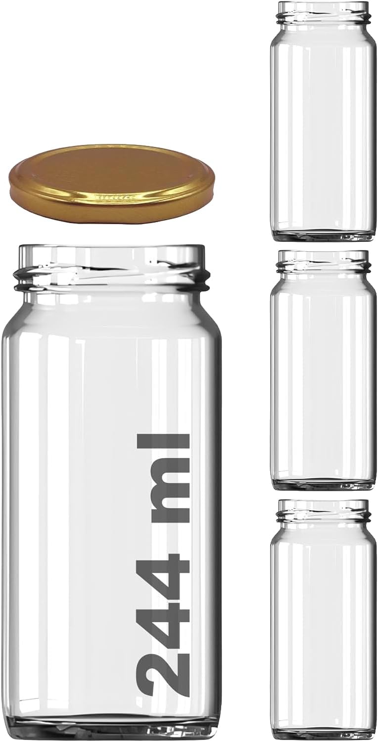 3 Adet 224 ml Cam Kavanoz, Gold Metal Kapaklı, Şeffaf Konserve Kavanozu (224 Mililitre)