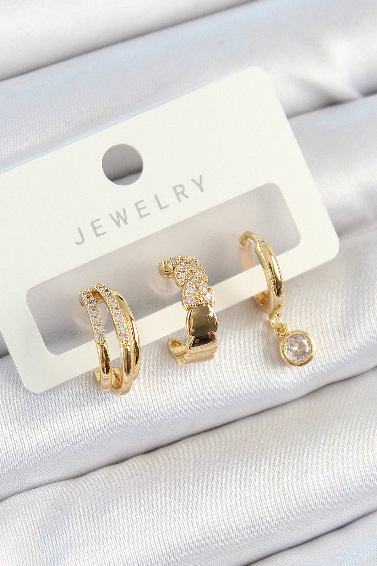 Pirinç Zirkon Taşlı Halka Model Gold Renk 3'lü Çift Kadın Küpe Set