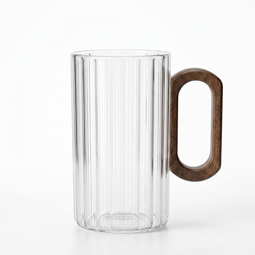 1 Adet Akasya Ahşap Kulplu Borosilikat Cam Kupa - 220 ml, 300 ml ve 400 ml Boy Seçenekleriyle, Isıya Dayanıklı Düz ve Çizgili Tasarım Lüks Kahve, Çay ve Espresso Bardağı (ÇİZGİLİ 400 ML)