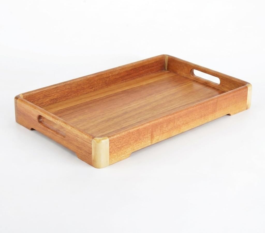 Büyük Boy Akasya Ahşap Sunum Tepsisi (40x28 cm) - Doğal Ahşap Çay, Kahve ve Kahvaltı Tepsisi, Kulplu Tasarım