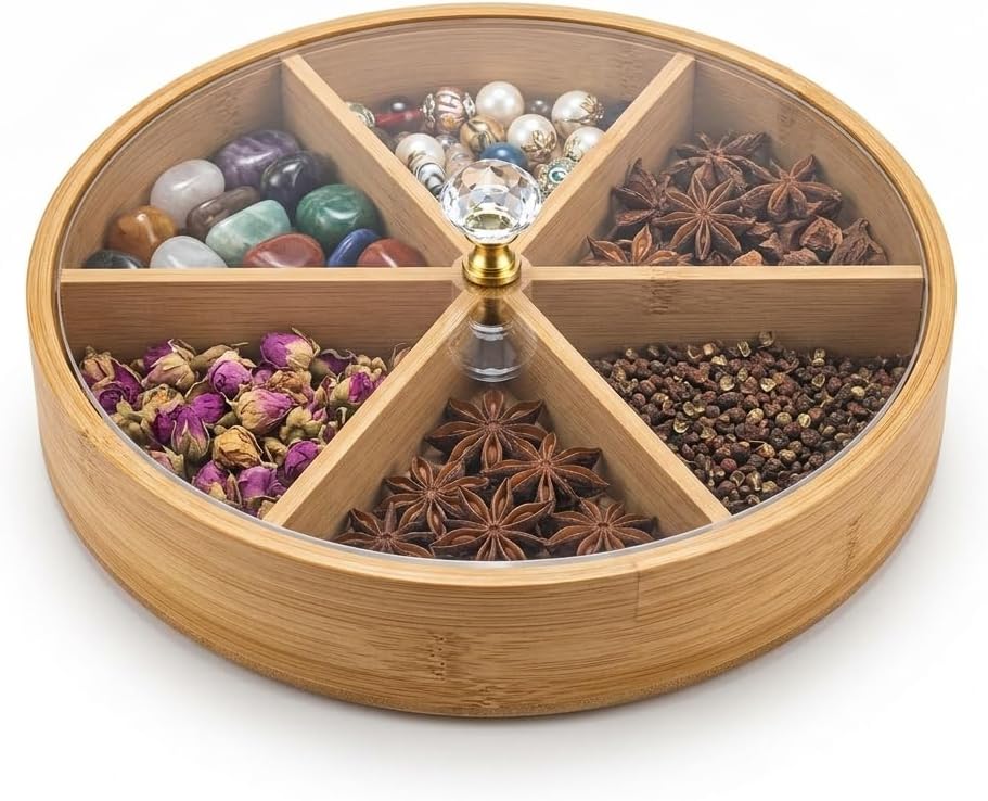 30 cm Bambu Bölmeli Sunumluk - Kristal Kulplu Kırılmaz Şeffaf Kapaklı Çerezlik, Kahvaltılık ve Draje Tabağı