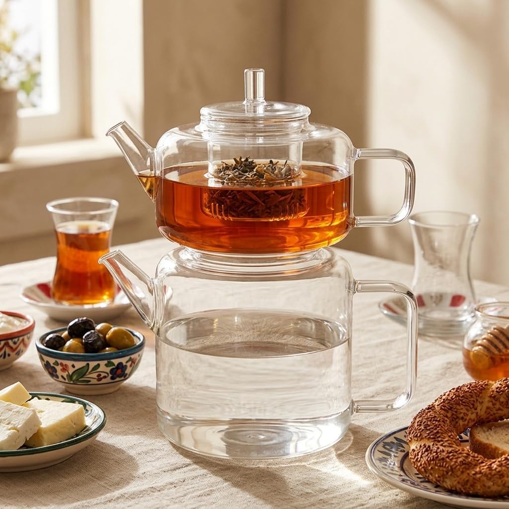 Flat Borosilikat Cam Çaydanlık Takımı 980 ml Demlik + 1600 ml Alt Demlik | Çelik Süzgeçlü, Isıya Dayanıklı Borosilikat Cam Çaydanlık Seti | Ocak Üstü Kullanıma Uygun Şeffaf Çaydanlık