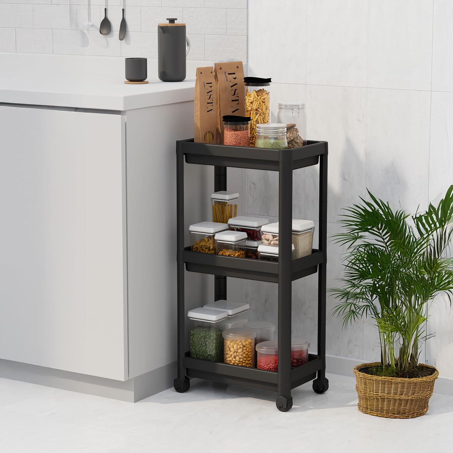 Peggy 3 Katlı Tekerlekli Raf Ünitesi - 36x71x23 cm Dar Alan Düzenleyici - Mutfak ve Banyo İçin Aletsiz Kurulum Servis Arabası (Beyaz - Siyah - Gri) (SİYAH)