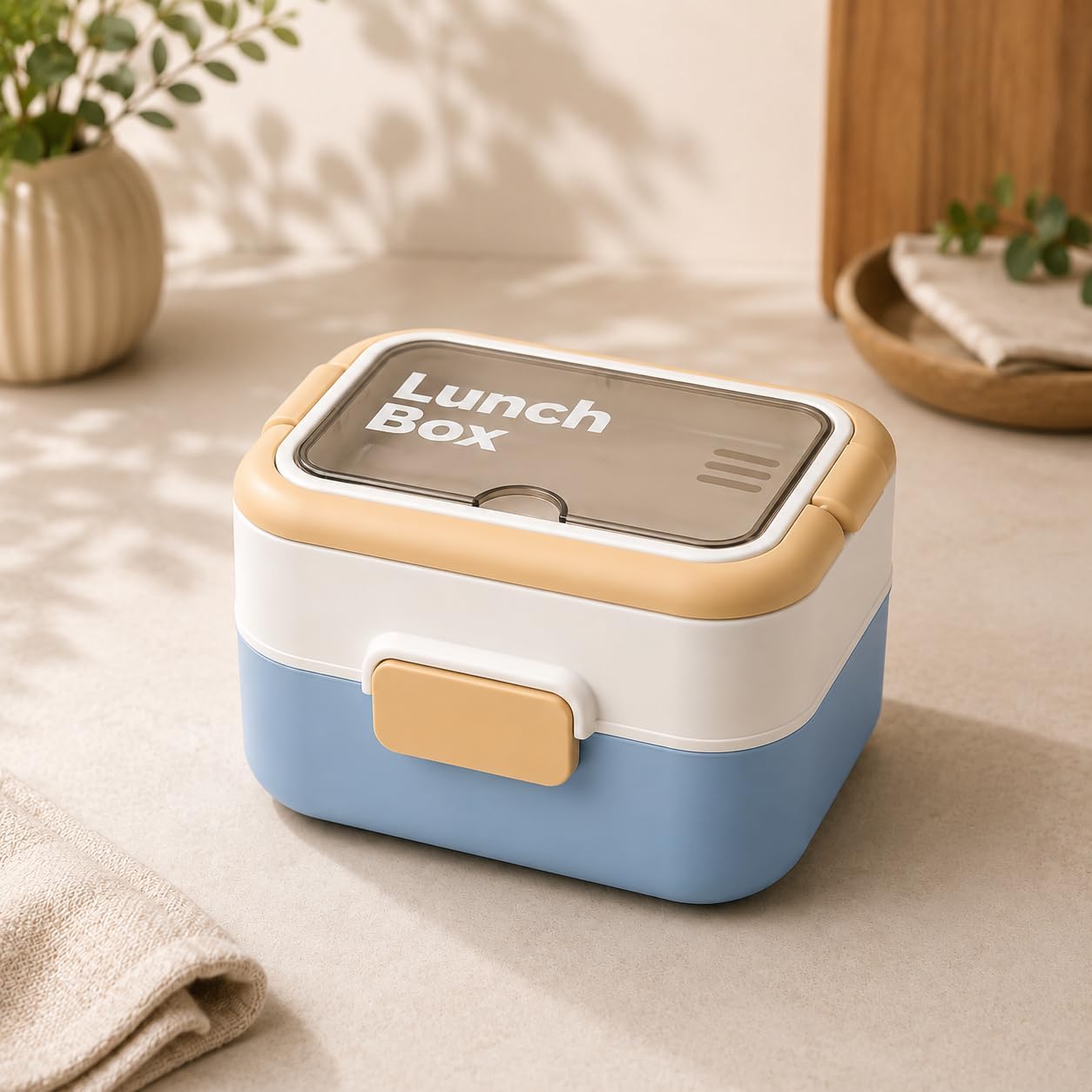 2 Katlı Lunch Box, 304 Paslanmaz Çelik Bölmeli Beslenme Kutusu,Mavi