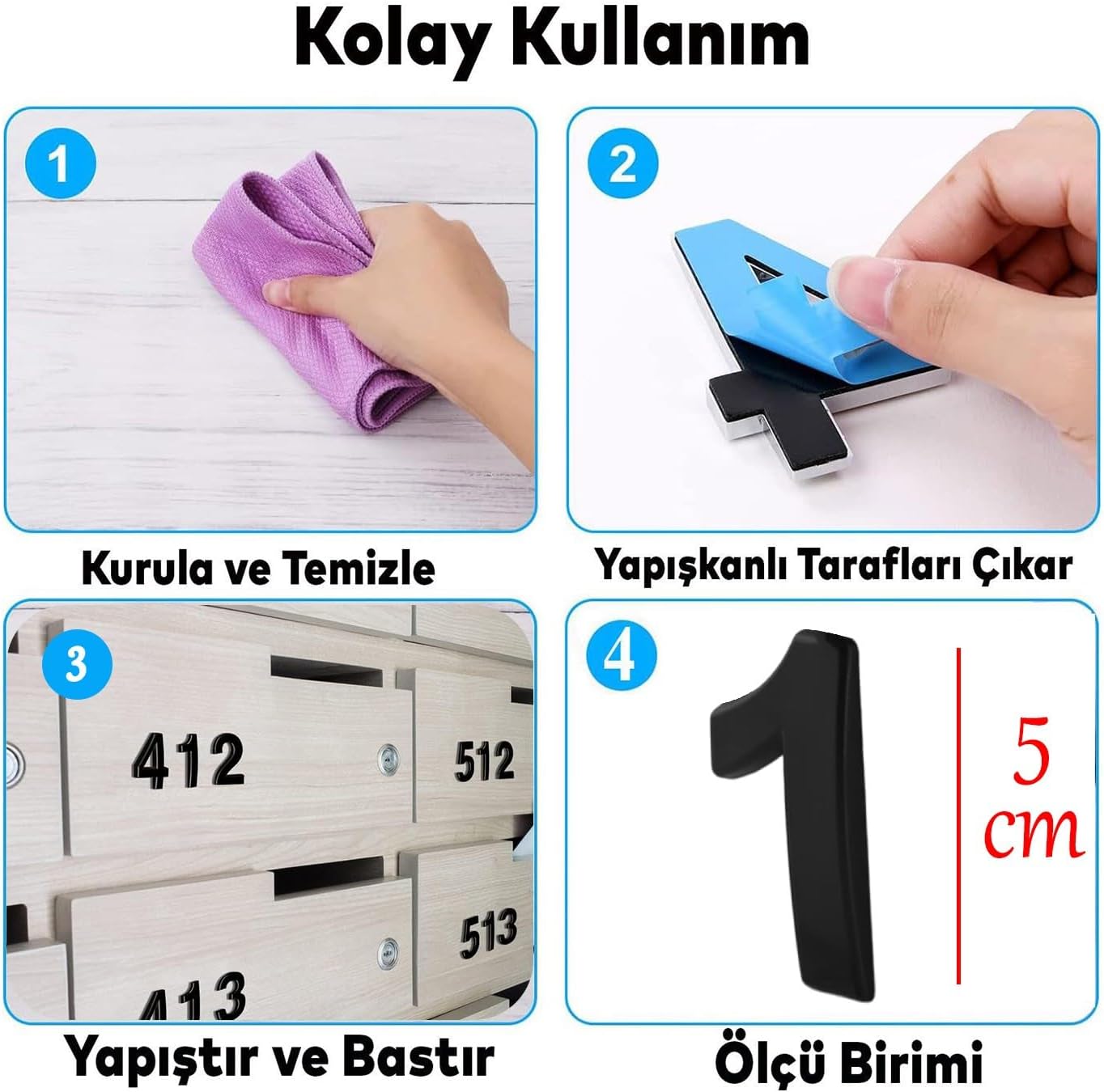 Yapışkanlı Kapı Numarası Küçük Boy 50 mm 5 cm Numara 1 Rakam Bir Sayısı Siyah Renk Numaralar 1 Adet