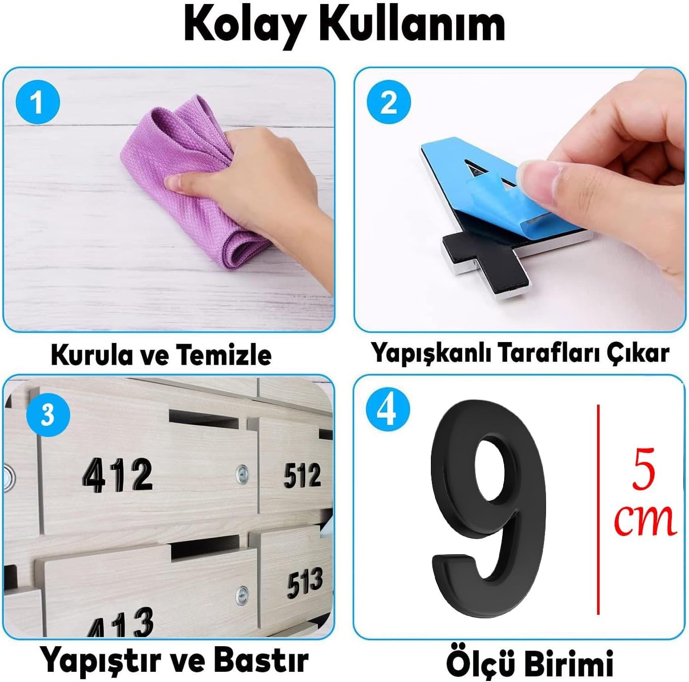 Yapışkanlı Kapı Numarası Küçük Boy 50 mm 5 cm Numara 9 Rakam Dokuz Sayı Siyah Renk Numaralar 1 Adet