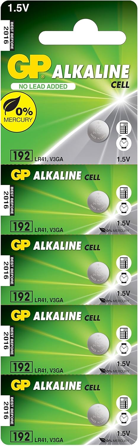 Batteries GP192 LR41/192/V3GA Boy Alkalin Düğme Pil, 1.5 Volt, 5'li Kart, Gri