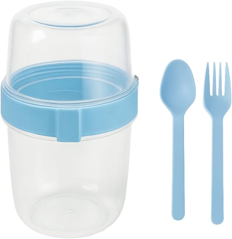 Açık Mavi Saklama Kabı – 2 Katlı Taşınabilir Yemek Kabı, Kaşık ve Çatal Dahil 18x10 cm
