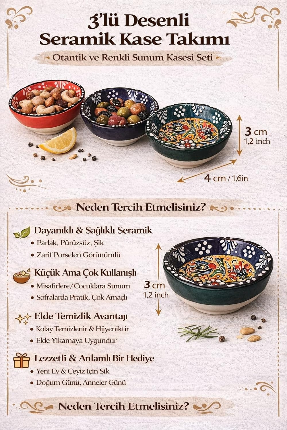 Kabartma Desenli El Boyaması Seramik Kase Seti, 3’lü Renkli Çini Motifli Dekoratif Sunum Kaseleri, Kahvaltı, Meze, Çerez ve Servis İçin Çok Amaçlı El Yapımı Kase Takımı