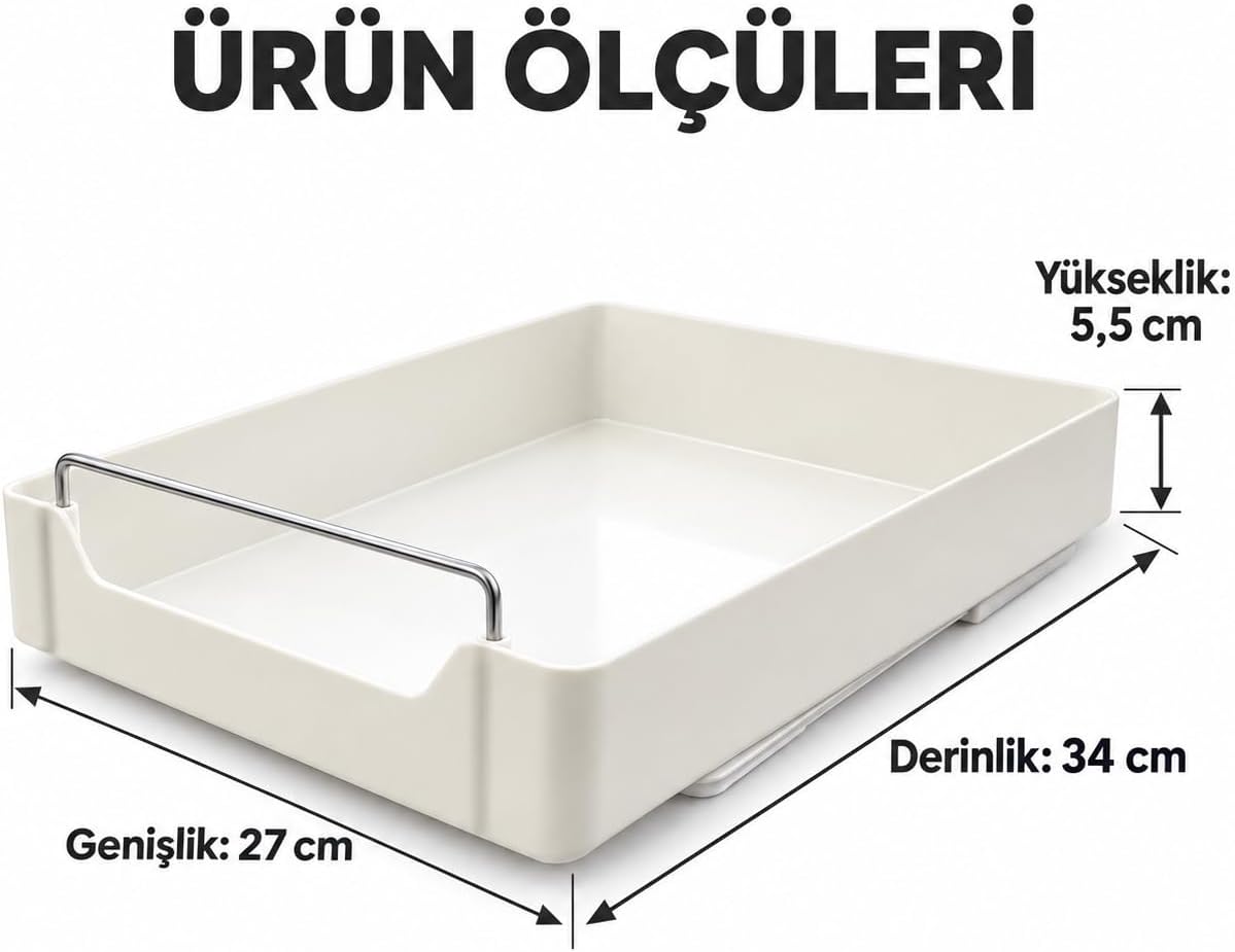 Dolap İçi Raylı Organizer Çekmece 34 x 27 x 6,5 cm, Çekilebilir Plastik Dolap Düzenleyici, Mutfak Banyo Dolap İçi Organizer, Raylı Saklama Sepeti (Büyük)