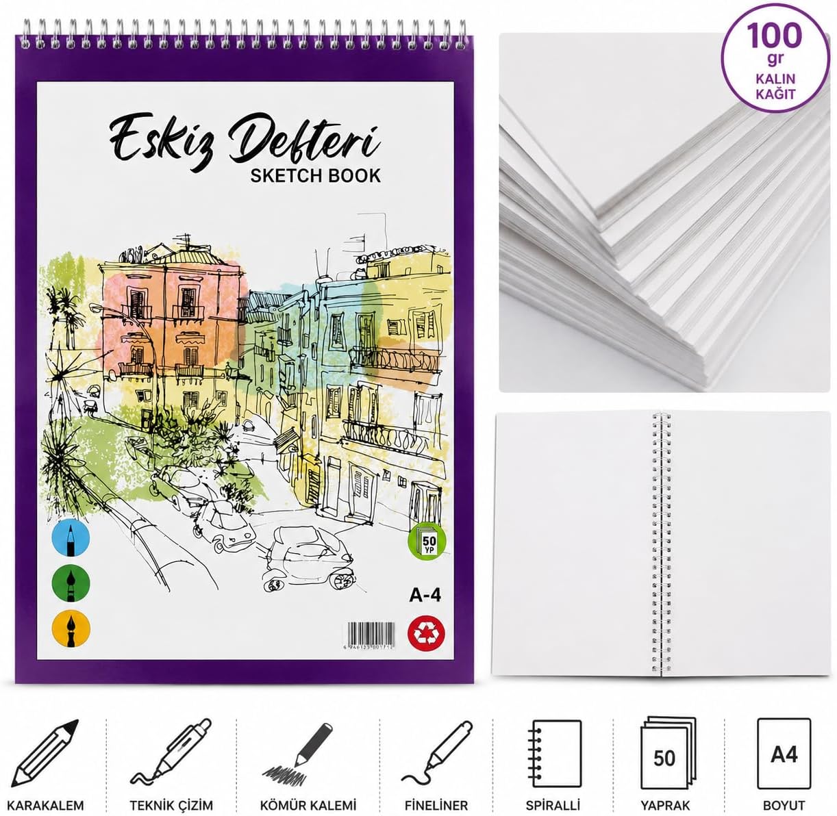 A4 Spiralli Eskiz Defteri, 100 gr/m² Kalın Kağıt, 50 Yaprak, Çizgisiz, Karakalem ve Teknik Çizim için, 21x29.7 Santimetre