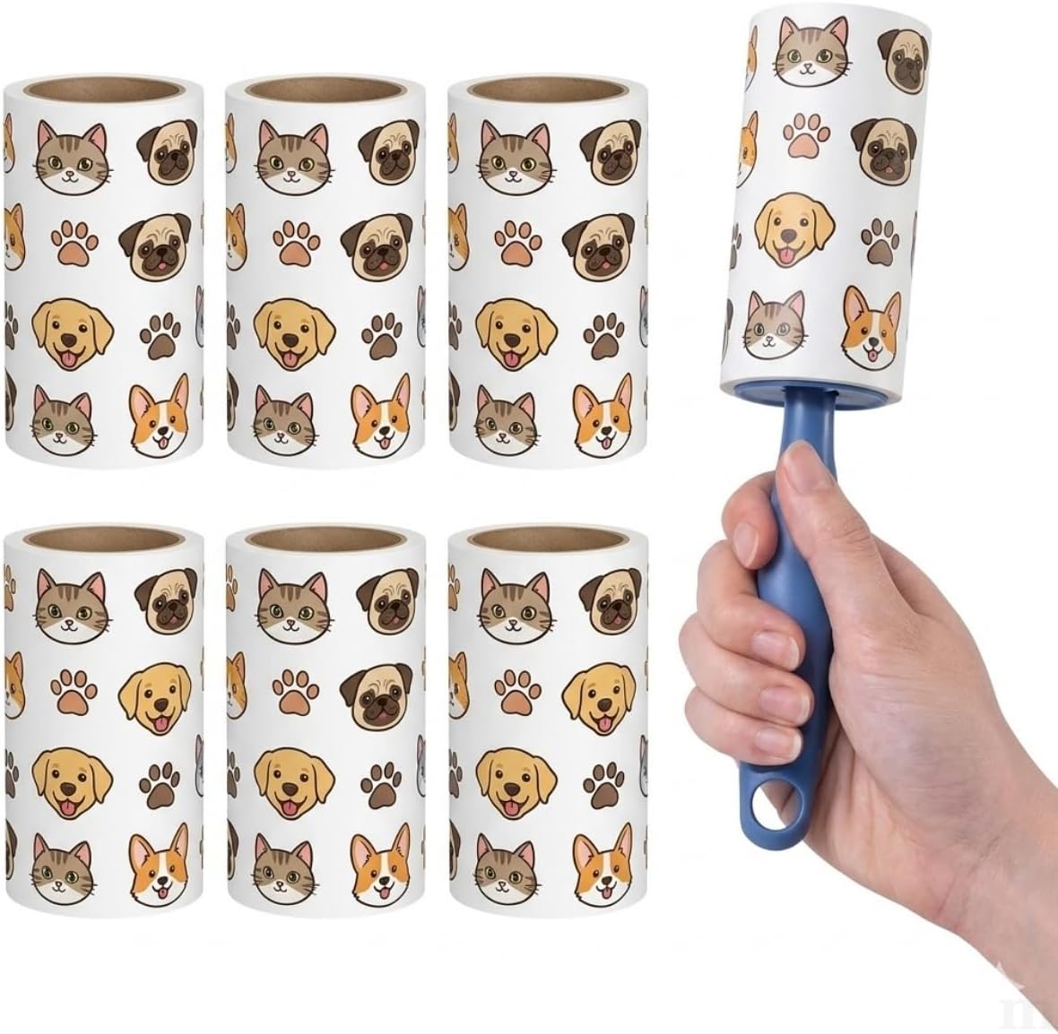 Tüy Toplayıcı Roller Seti, 6 Rulo, Kedi ve Köpek Tüyü Temizleyici, Ergonomik Sap, Hassas Yüzeylere Uygun