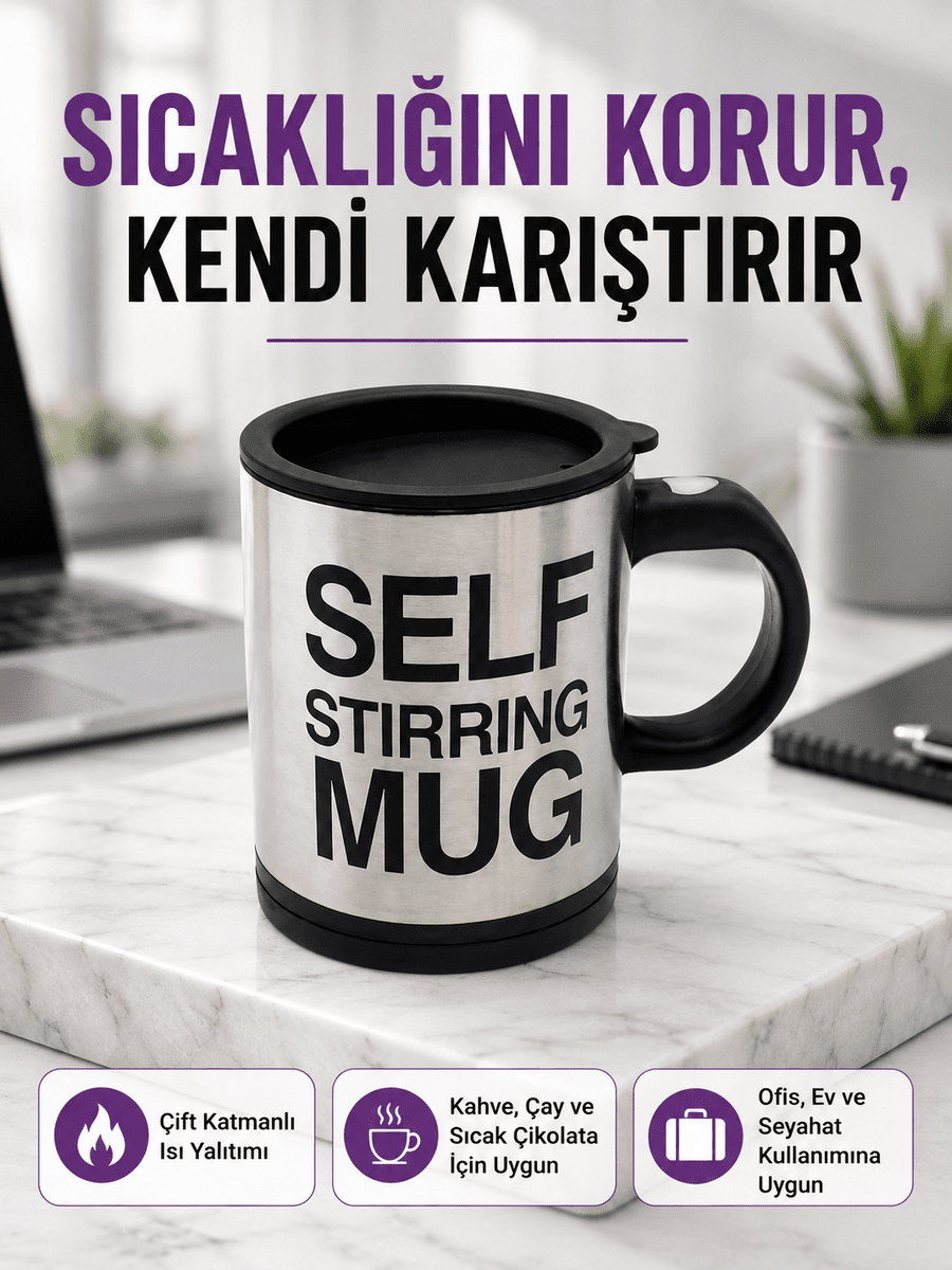 Pratik ve Dayanıklı Termos Kupa | Tek Tuşla Otomatik Karıştırma