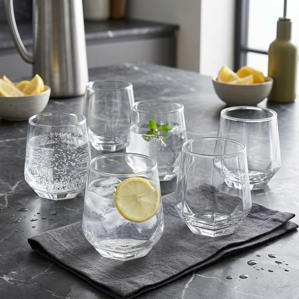 6'lı Geometrik Cam Su ve Meşrubat Bardağı Seti - Modern Kesim Kahve Yanı Bardağı (340 ml)