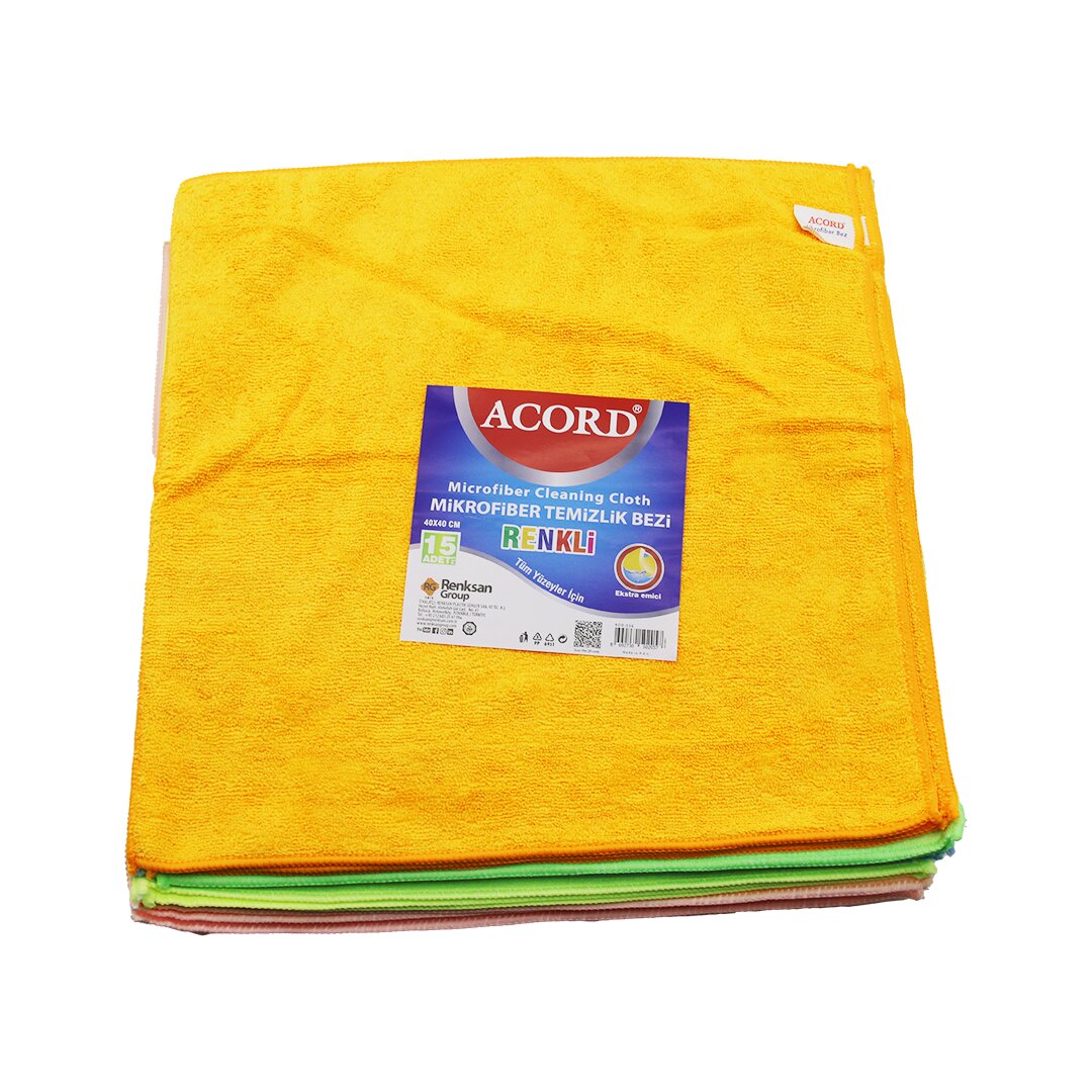 15 Adet Acord KOD-536 Dökme 40X40CM Renkli Mikrofiber Temizlik Bezi Ekstra Emici Tüm Yüzeyler İçin