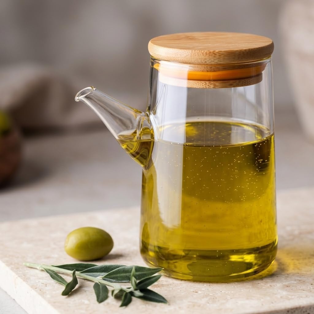 330 ML (0,33 Litre) Bambu Kapaklı Borosilikat Cam Yağlık ve Sirkelik - Damlatmaz Uçlu, Isıya Dayanıklı Şeffaf Sıvı Yağ Şişesi ve Mutfak Sosluğu