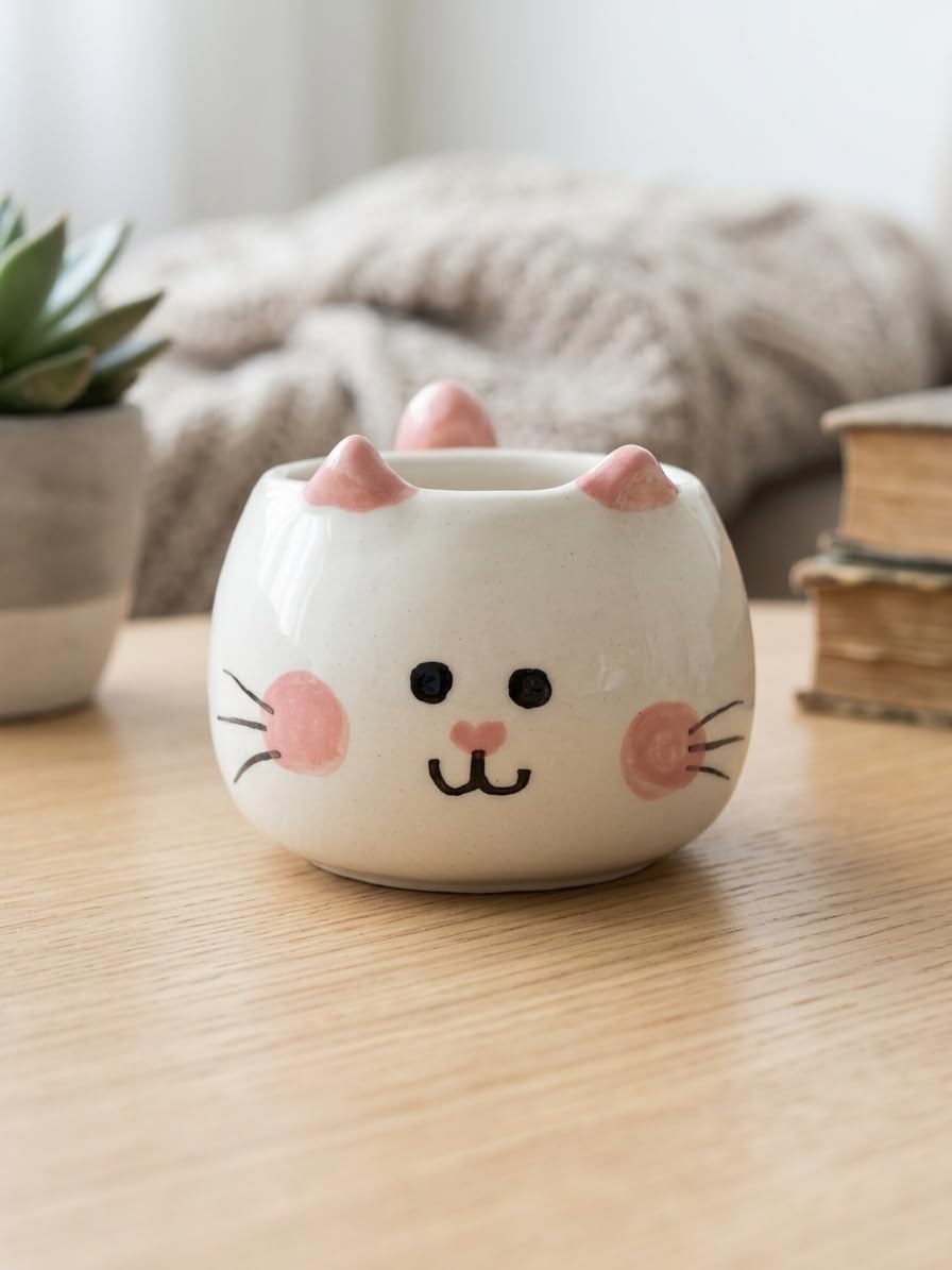 Sevimli Kedi Kupa 3D Kabartmalı El Yapımı Krem Parlak Kupa - El İşçiliği 3D Hediyelik Kupa
