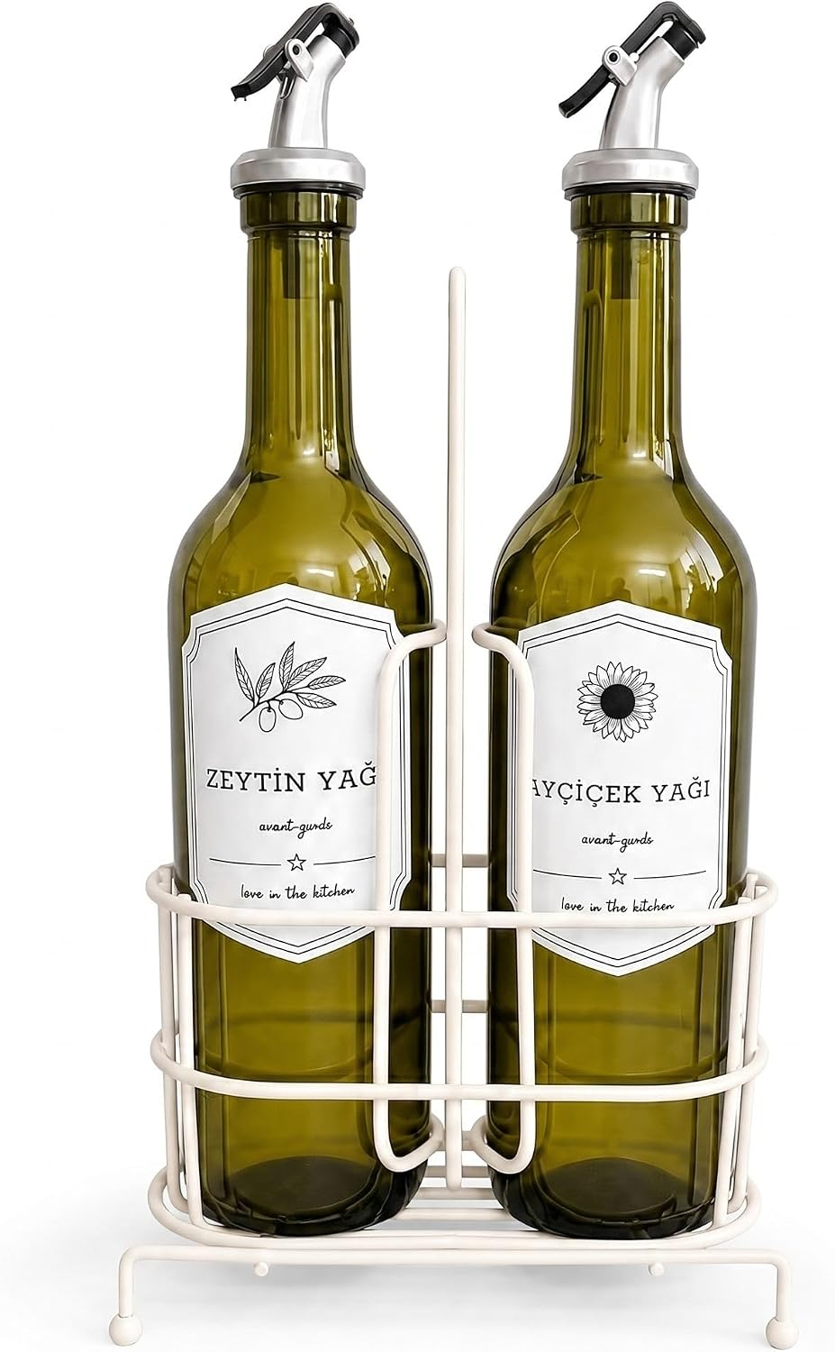 750 ml 2’li Yağdanlık Seti ve Beyaz Metal Stand, Zeytinyağı Ayçiçek Yağı Şişesi, Sızdırmaz Kapaklı Cam Yağlık Sirkelik, Dökme Başlıklı Mutfak Yağlık Sosluk Takımı