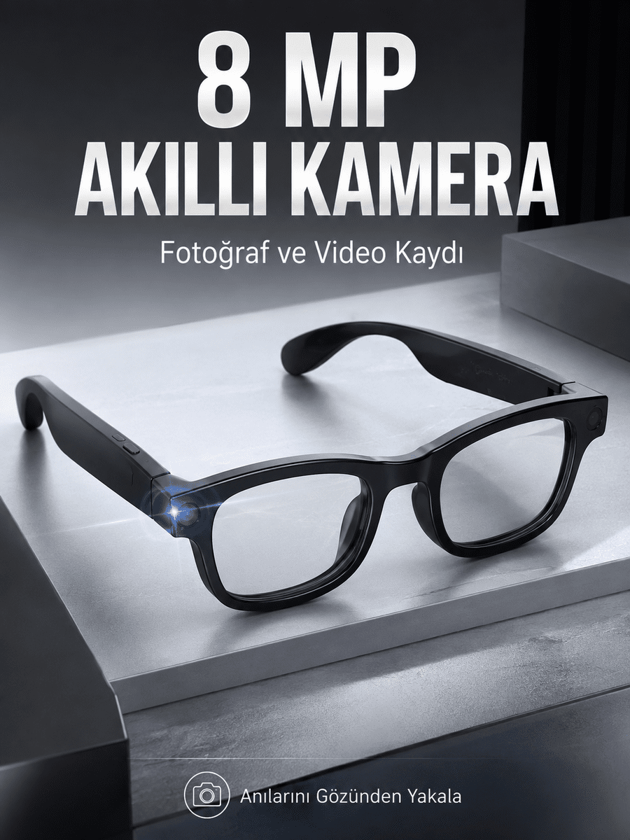 Siyah Bluetooth Akıllı Kamera Gözlüğü 8 MP Kameralı AI Çeviri Wi-Fi Fotoğraf Video Müzik Arama ve Dokunmatik Kontrollü
