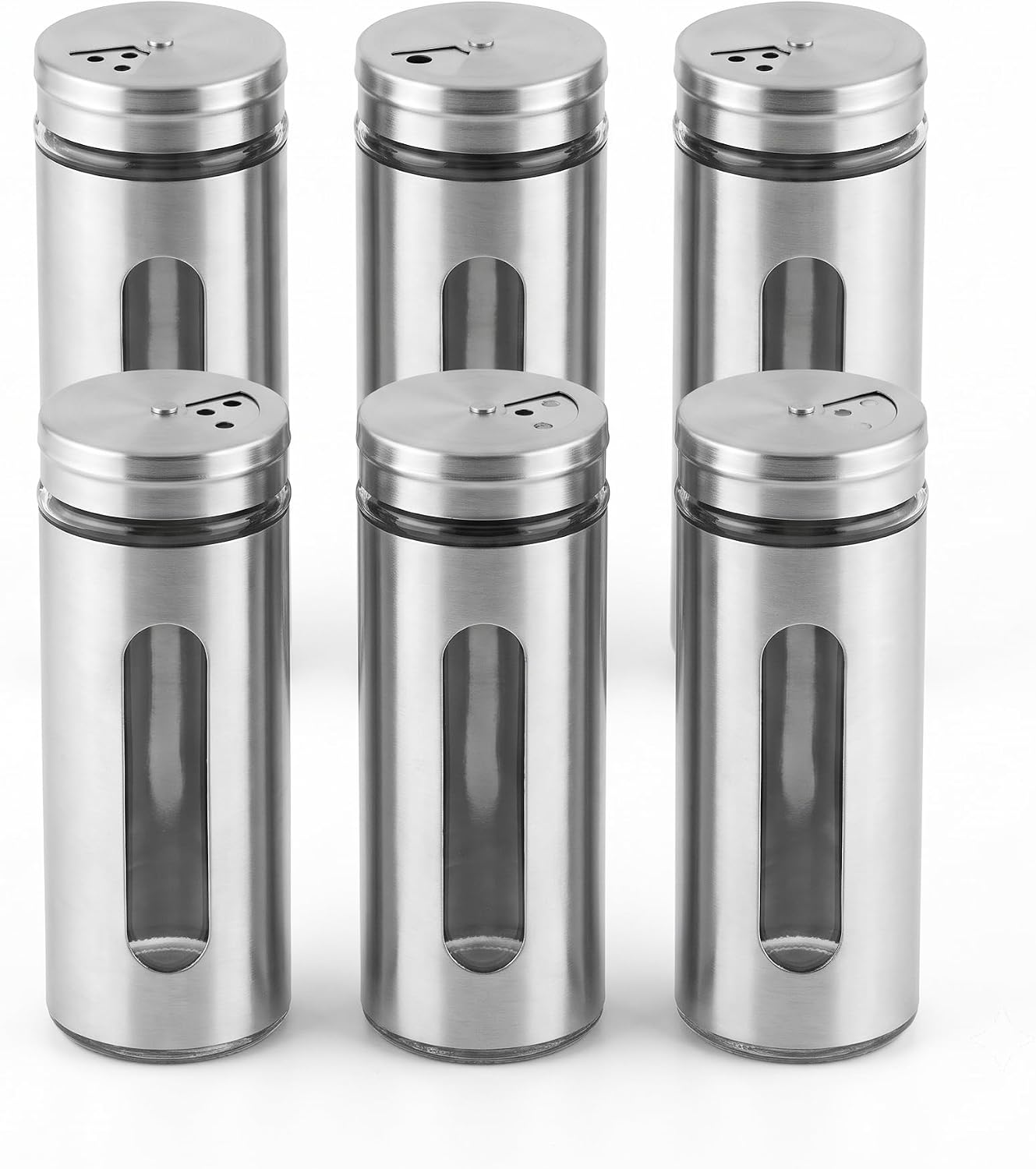 6'lı Set Metal Kaplı Cam Baharatlık, 14 cm - Şeffaf Pencereli, Döner Kapaklı, Paslanmaz Çelik Görünümlü Tuzluk ve Baharat Takımı