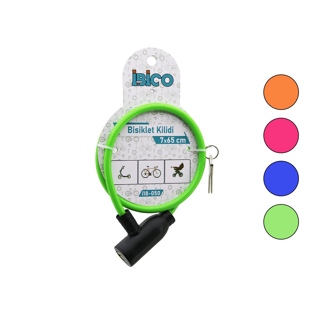 Anahtarlı Eko - İnce Plastik Kafa Bisiklet Kilit Çelik Tel Renkli Kılıf 7MMX65CM