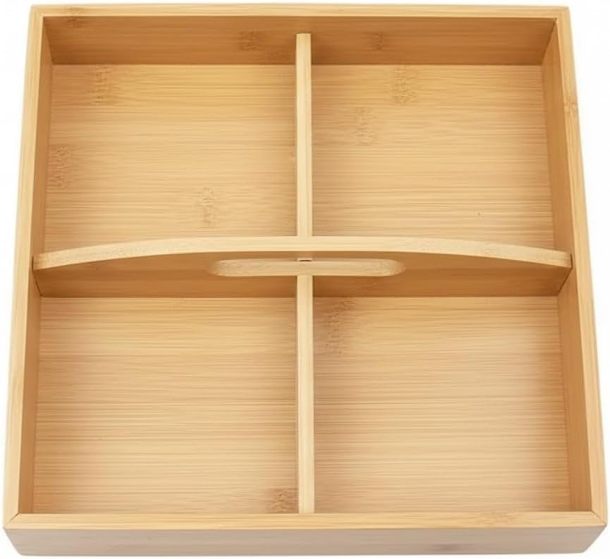 Bambu Çok Gözlü Sunum ve Düzenleme Kutusu | 22x22 cm | Çok Bölmeli Servis ve Organizer | Çay – Kahve İkramlık, Atıştırmalık Sunum Tepsisi