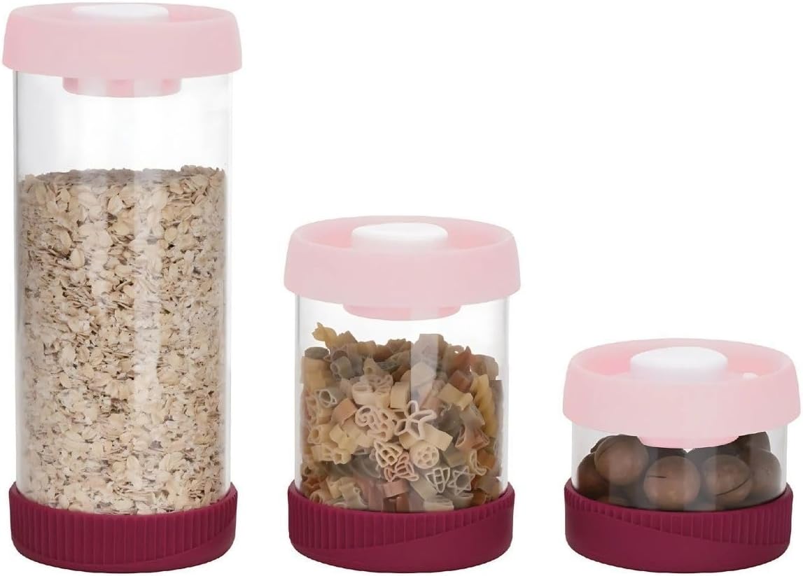Yuvarlak Vakumlu Cam Saklama Kabı Seti, 3'Lü Set (450 Ml+840 Ml+1500 Ml), Pembe
