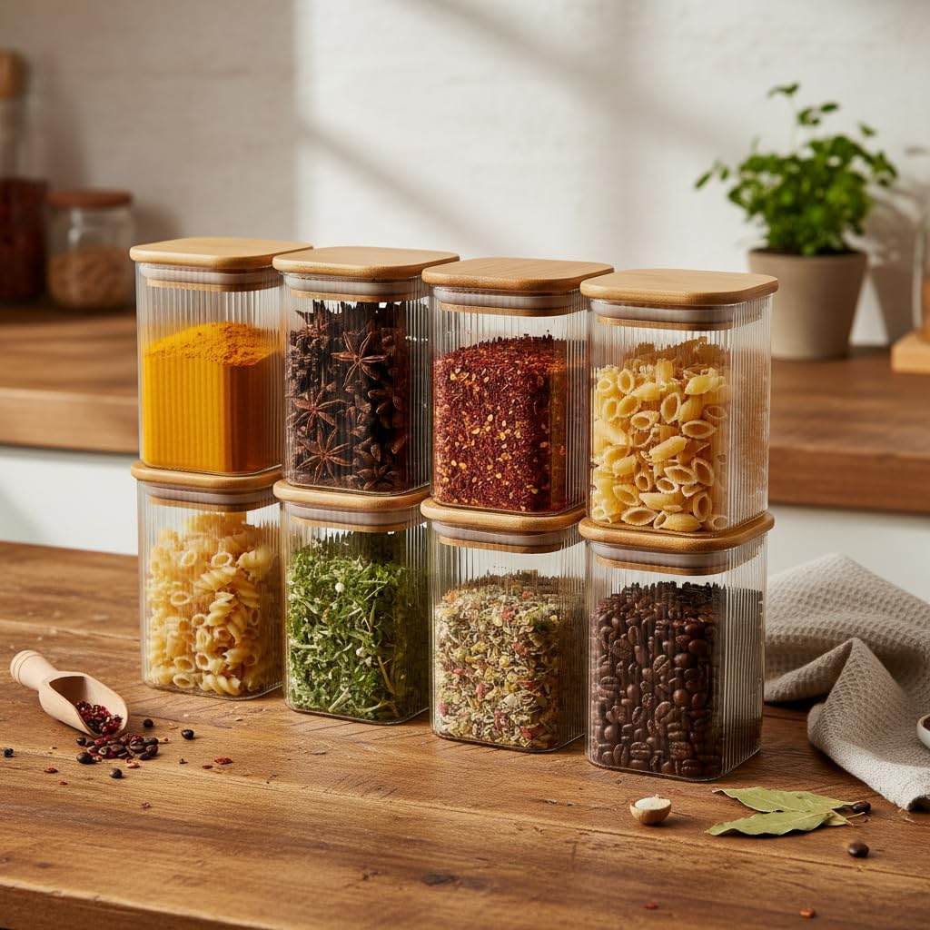 6'lı Set 350 ml Bambu Kapaklı Kare Cam Kavanoz - 6x10 cm Vakumlu Orta Boy Şeffaf Erzak Kabı Kahve Çay Baharatlık ve Mutfak Düzenleyici Organizer Saklama Kutusu