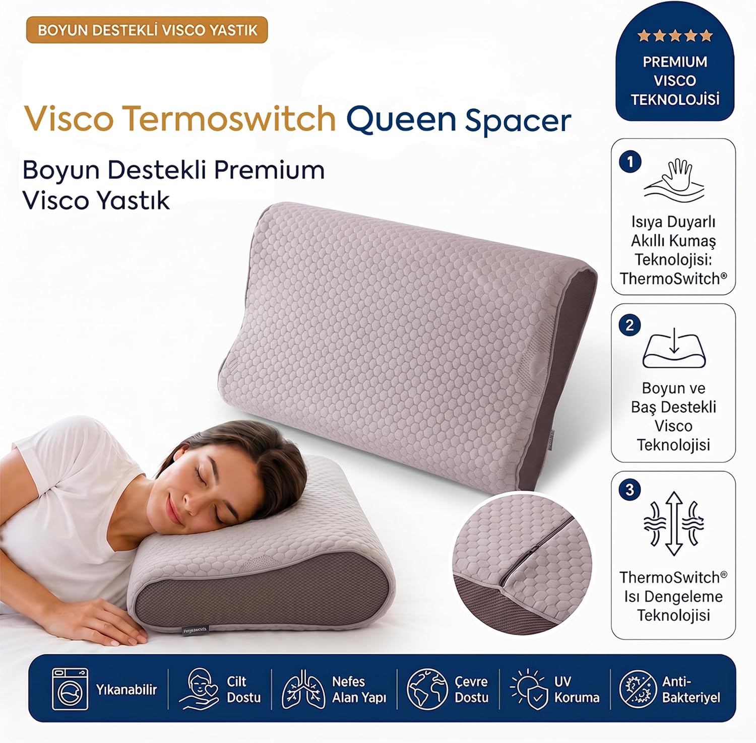 Visco Queen Spacer ThermoSwitch Boyun Destekli Ortopedik Visco Yastık 55x35 cm