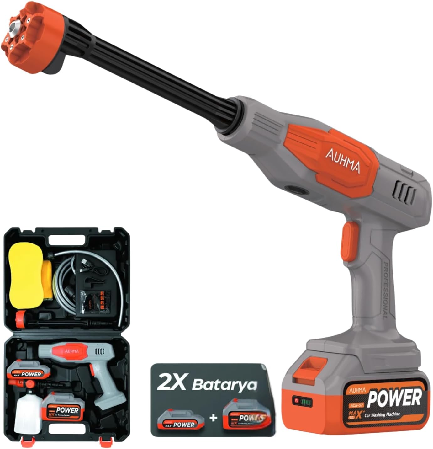 AUHMA ACR07T Reel 203PSI Çift Akülü Yeni Nesil Motor 12 Parça Profesyonel Oto Yıkama Tabancası