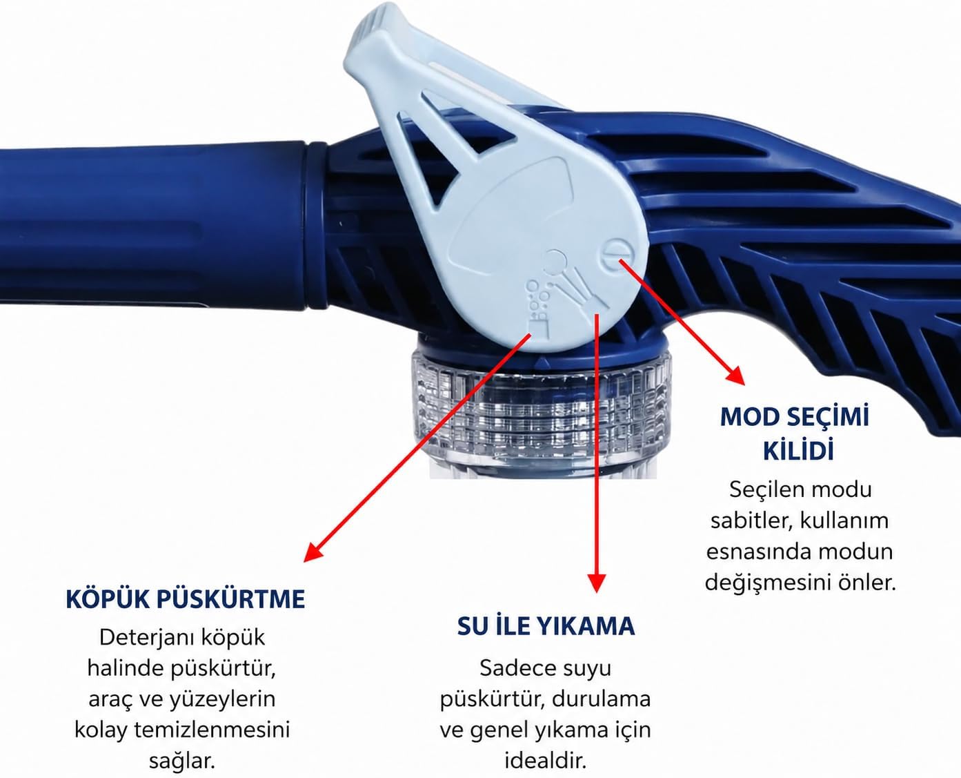 8 Fonksiyonlu Sulama ve Yıkama Tabancası, Deterjan Hazneli, Jet, Sis, Köpük ve Yağmur Modları