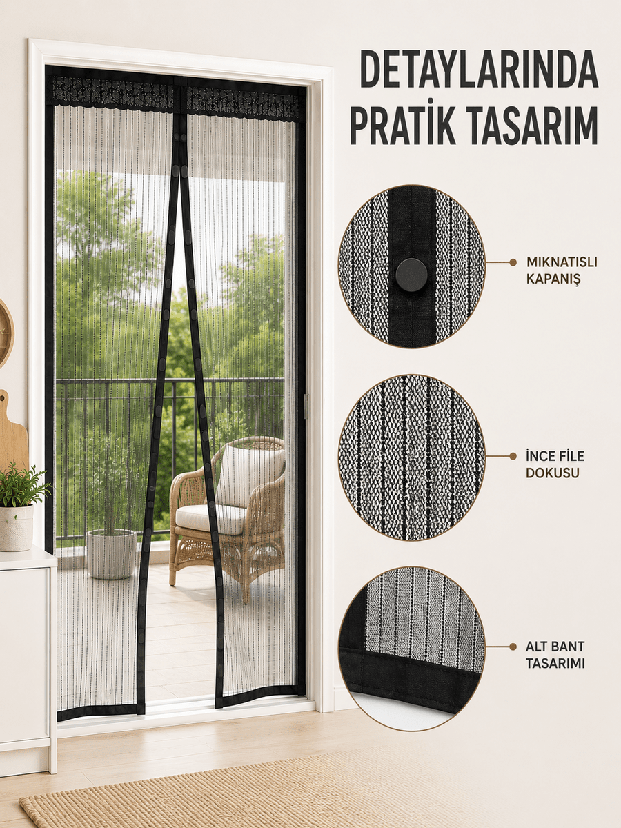 Mıknatıslı Kapı Sinekliği Otomatik Kapanan Siyah File Balkon ve Teras Sinekliği