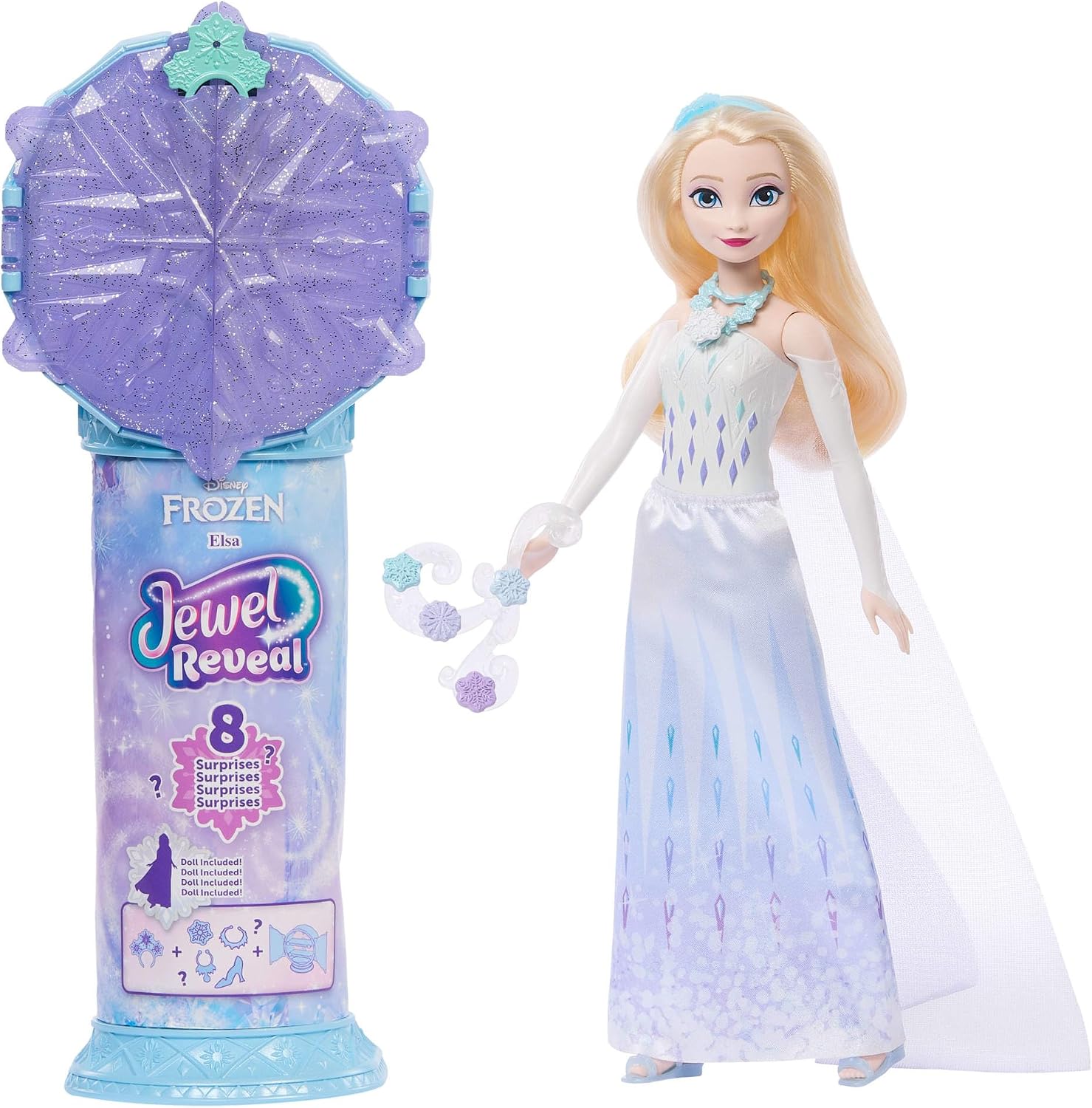 Filmden ilham alan Disney Karlar Ülkesi Elsa bebek, aksesuarlar, kar tanesi şeklinde değerli taş kutusu ile çocuk yüzüğü dahil 8 sürpriz ve 9 oyun parçası, JJY36